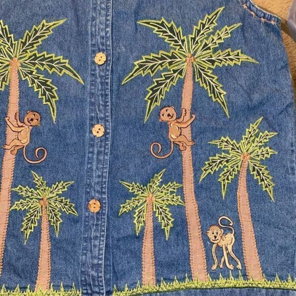 Life Style Vintage Denim Vest with Embroidered Monkeys and Palm‎ Trees - Picture 5 of 11